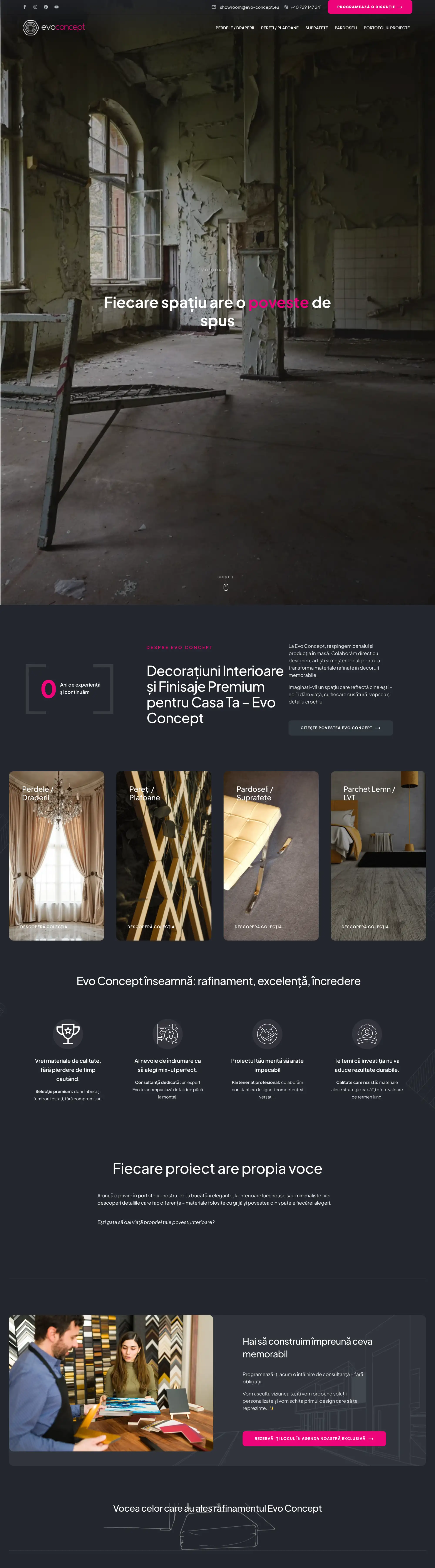 Evo Concept website homepage, scrolled from top to bottom